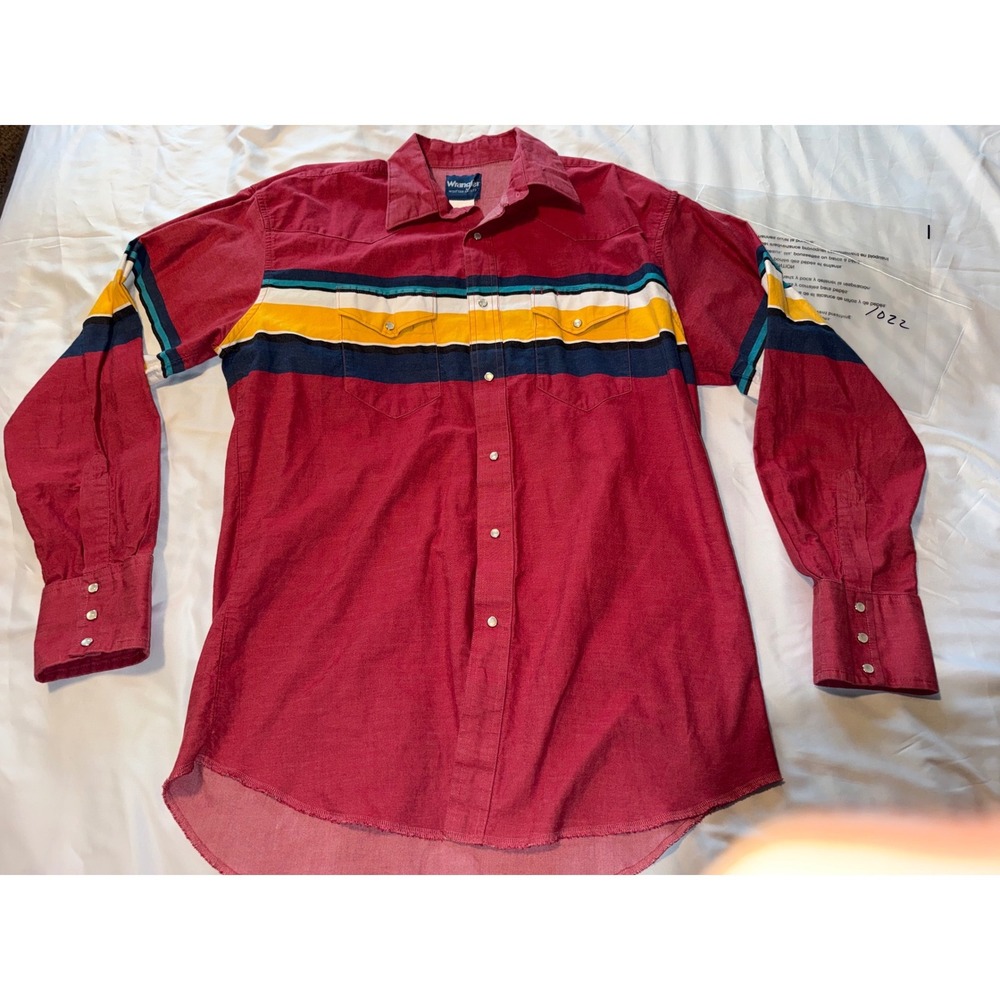 Wrangler Western Shirt Mens Large Red Multi Stripe Pearl Snap Long Sleeve 145RD